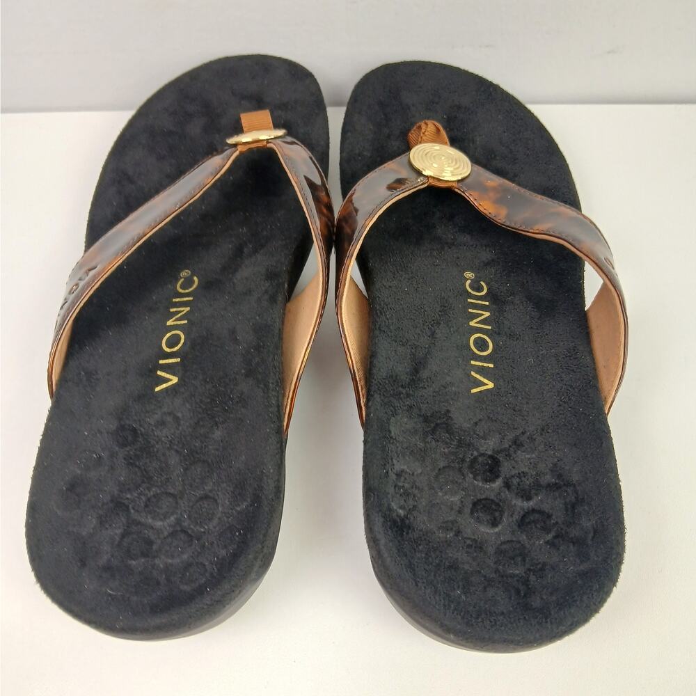 Vionic SZ 7 Hilda Tortoise Patent Leather Flip-Flop Sandal In Black/Brown NWOT - Picture 5 of 9
